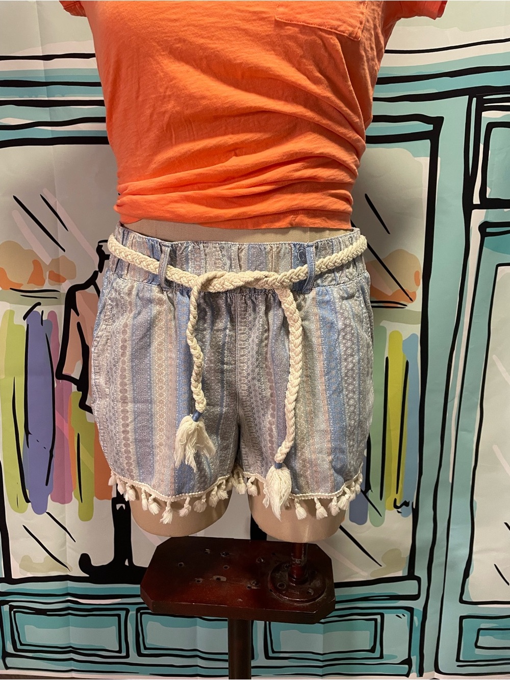 Rewash Blue Striped Tassel-Hem High Waist Women’s Shorts